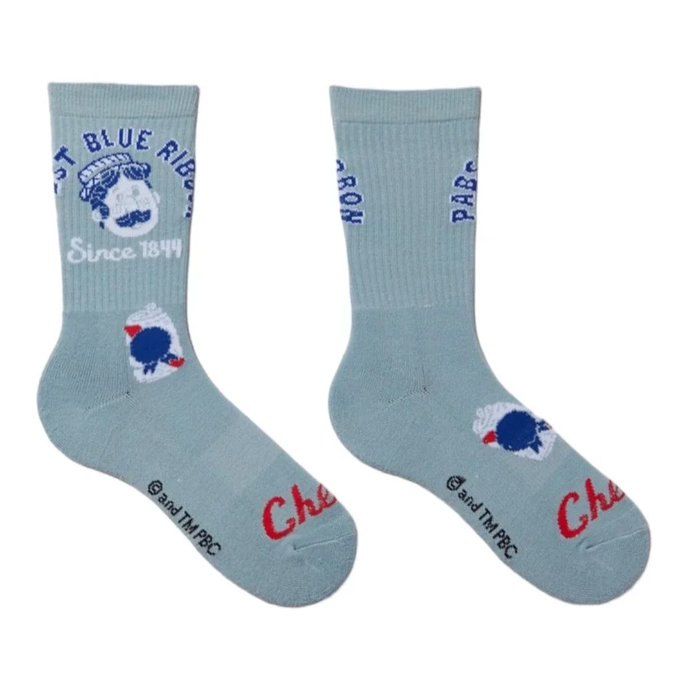 Pabst Blue Ribbon Crew Socks Blue Ribbed Graphic Unisex (10-13) Cheers Can NWT‎